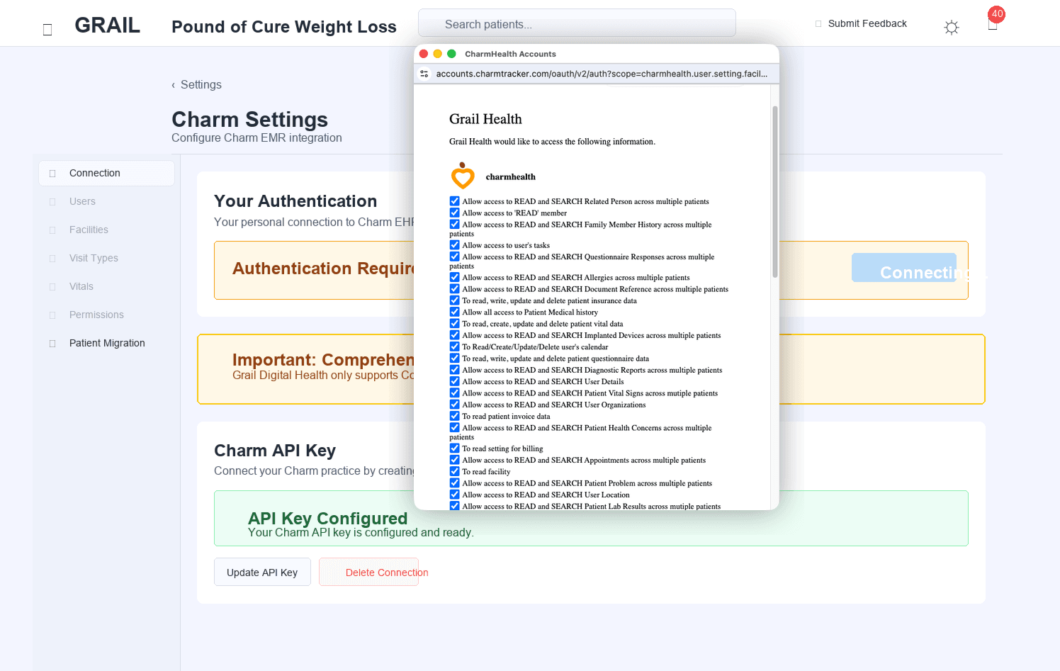 Charm Health authorization permissions screen over Grail Charm settings